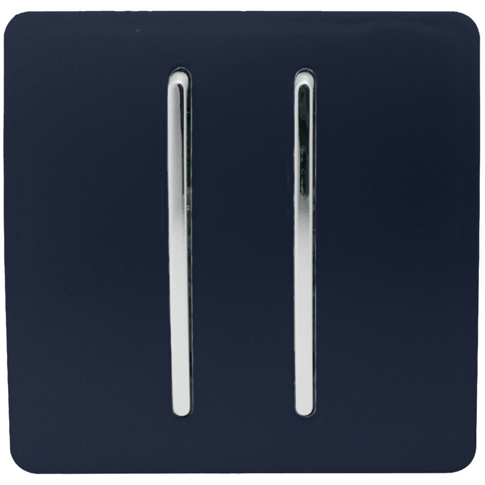 Glossy navy blue 2 gang rocker light switch with two chrome toggle levers, designed for 10 Amp use, featuring a sleek and modern finish.
