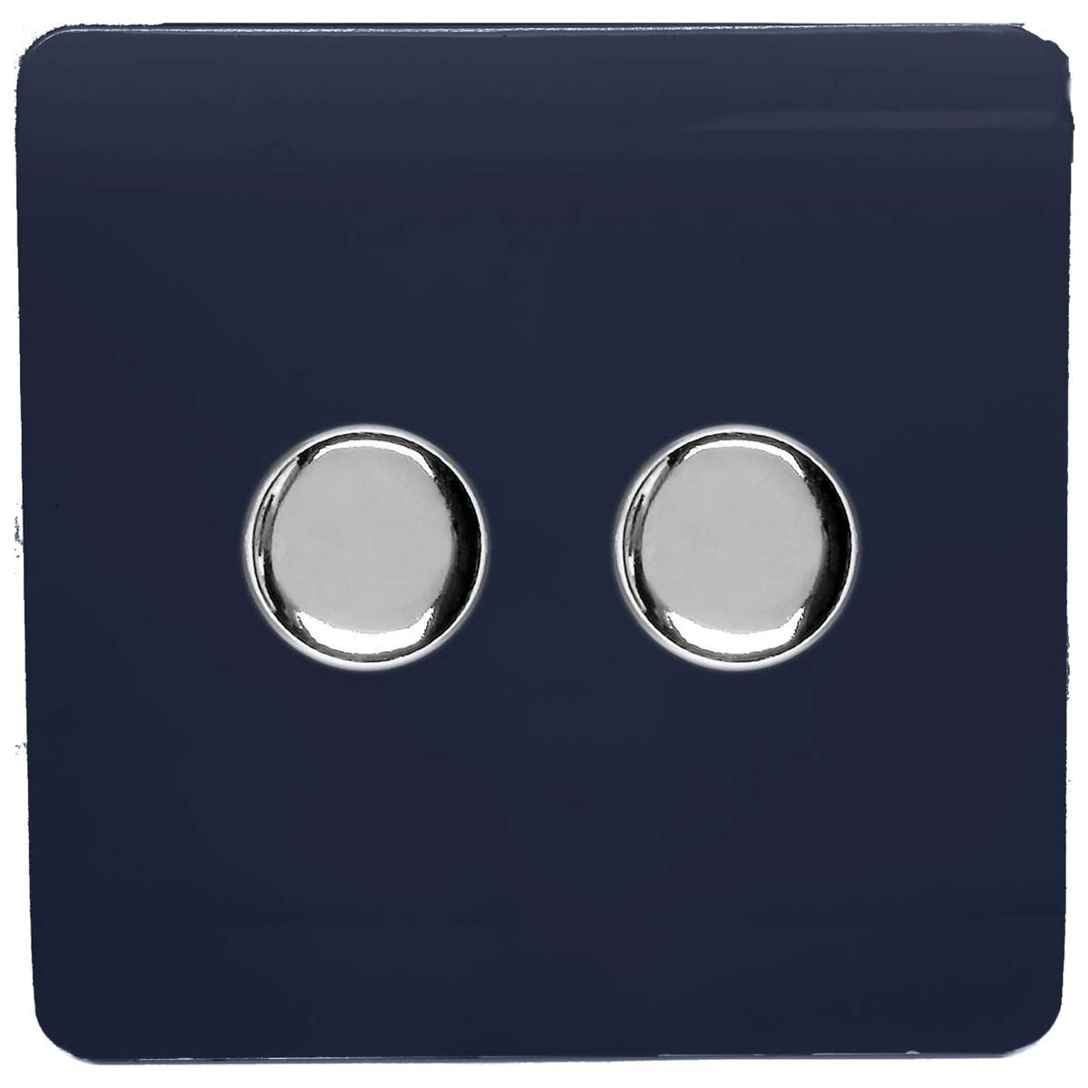 Navy blue 2G LED dimmer switch with a sleek, matte finish and two polished chrome control knobs, designed for modern interiors.
