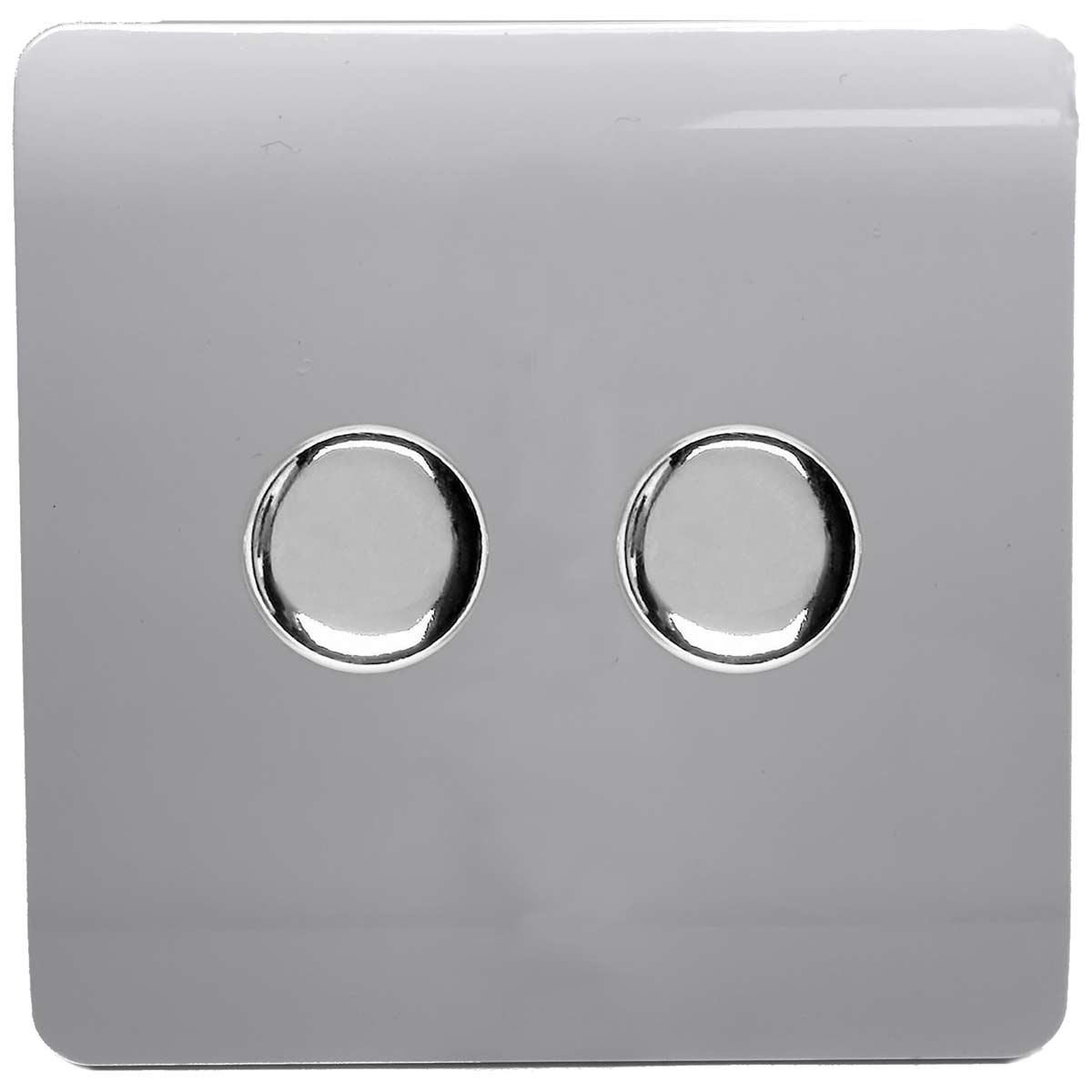 Silver Trendi 2G LED dimmer switch featuring a sleek, glossy finish with two circular control knobs, designed for modern interior lighting control.