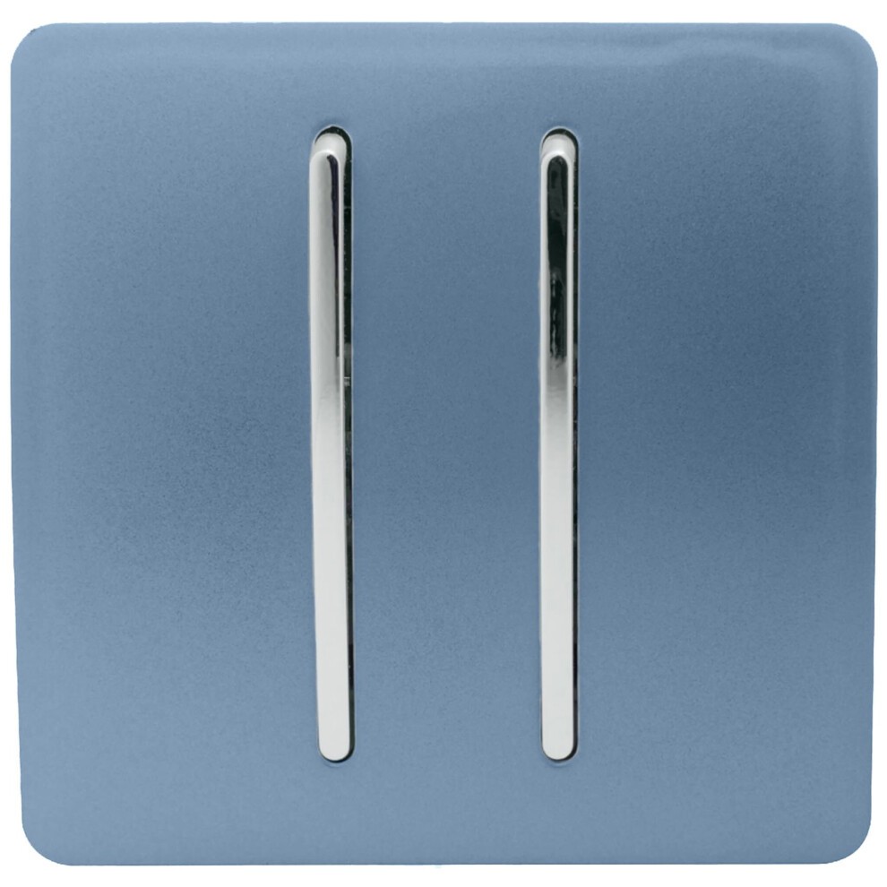 Glossy sky blue 2 gang rocker light switch with two sleek chrome levers, designed for 10 Amp use, featuring a modern and stylish appearance.