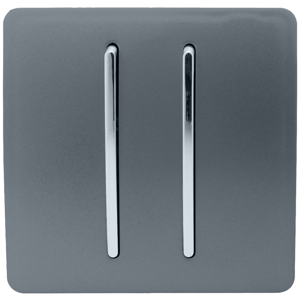 Glossy warm grey 2-gang rocker light switch with two chrome levers, designed for 10 Amp usage, featuring a sleek and modern finish.