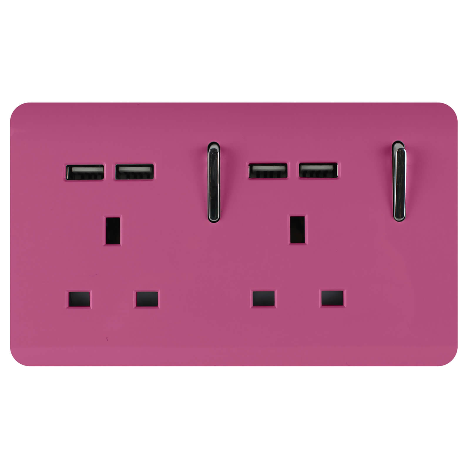 Glossy pink 2-gang plug socket with two USB ports, tactile switches, and a modern design, featuring black accents for a stylish look.