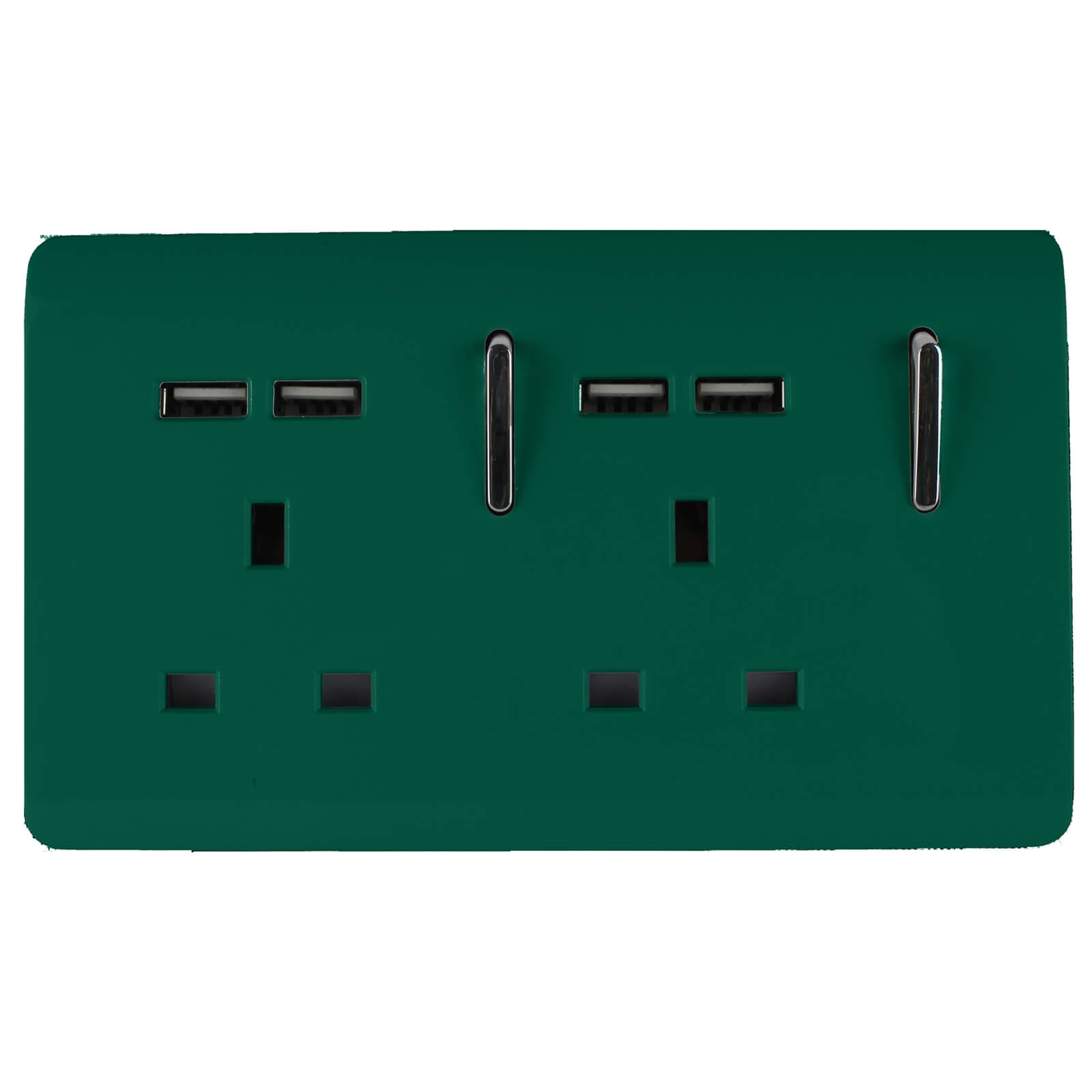 Modern dark green 2 gang plug socket with a glossy finish, featuring two USB ports and two standard outlets, designed by Trendi Switch.