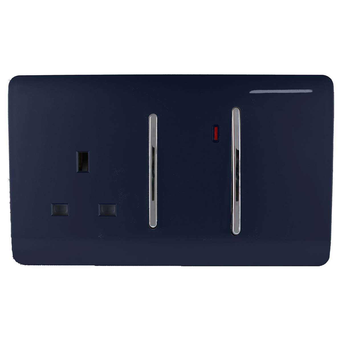 Navy 2 gang glossy switched plug socket with two standard outlets and two USB ports, featuring sleek chrome switches and a red indicator light.