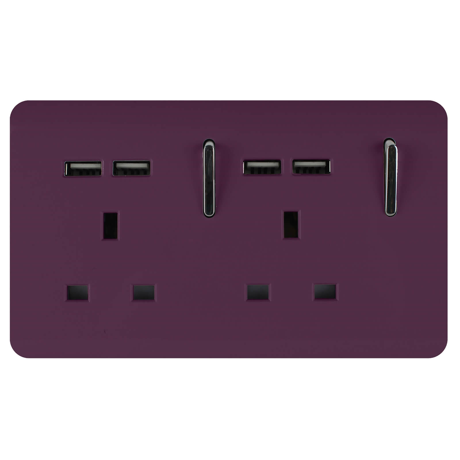 Glossy plum-colored 2 gang plug socket featuring two USB ports and tactile switches, designed for modern aesthetics and functionality.