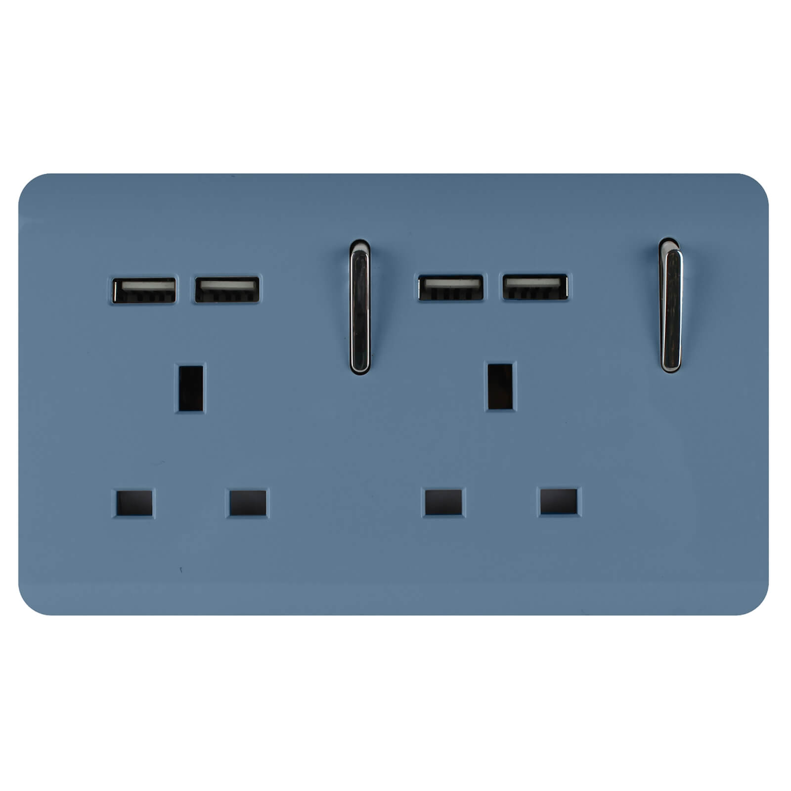 Glossy sky blue 2-gang plug socket featuring two USB ports, tactile switches, and a modern design, ideal for contemporary interiors.