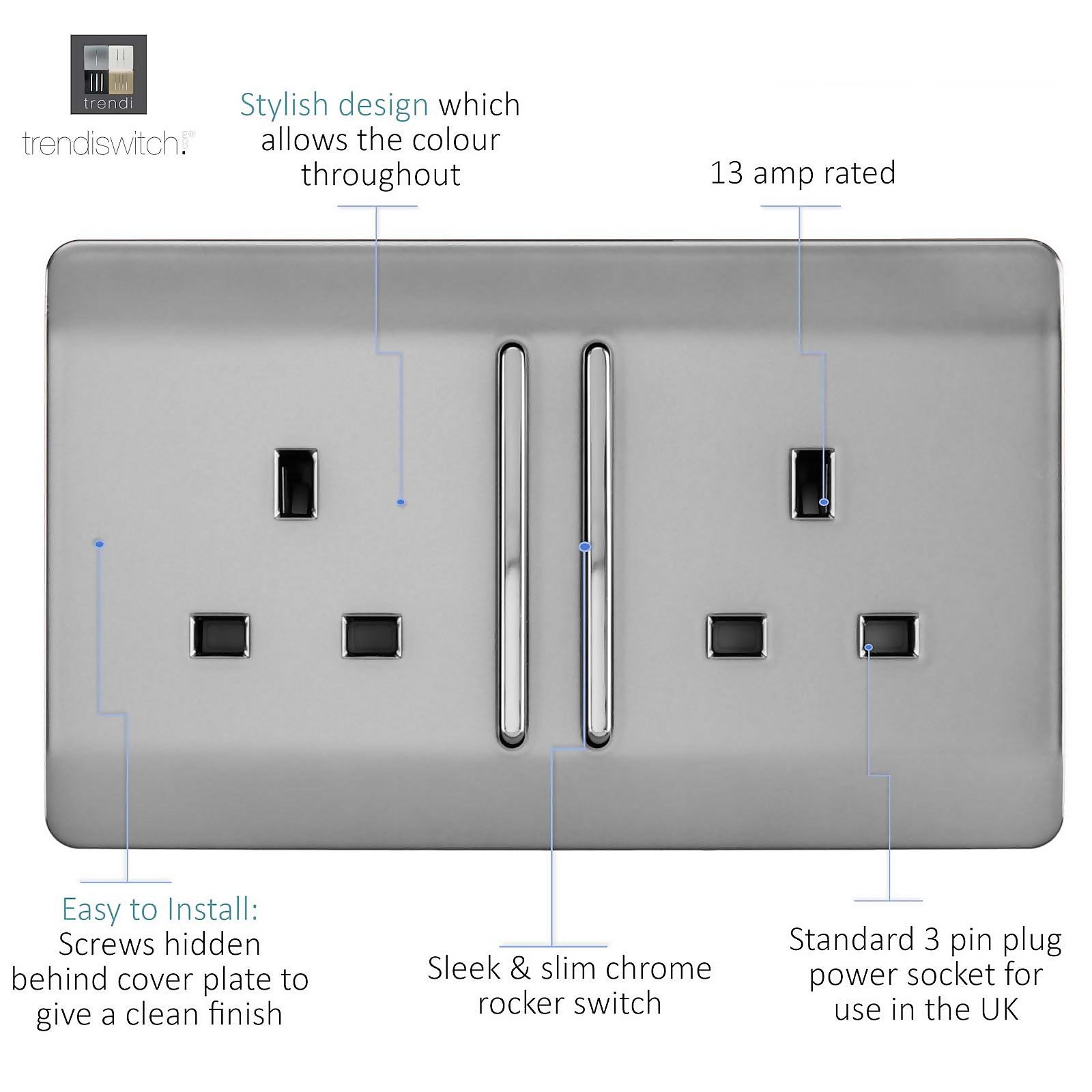 Trendi Switch 2 Gang 13amp Brushed Steel Long Switched Plug Socket - image 2