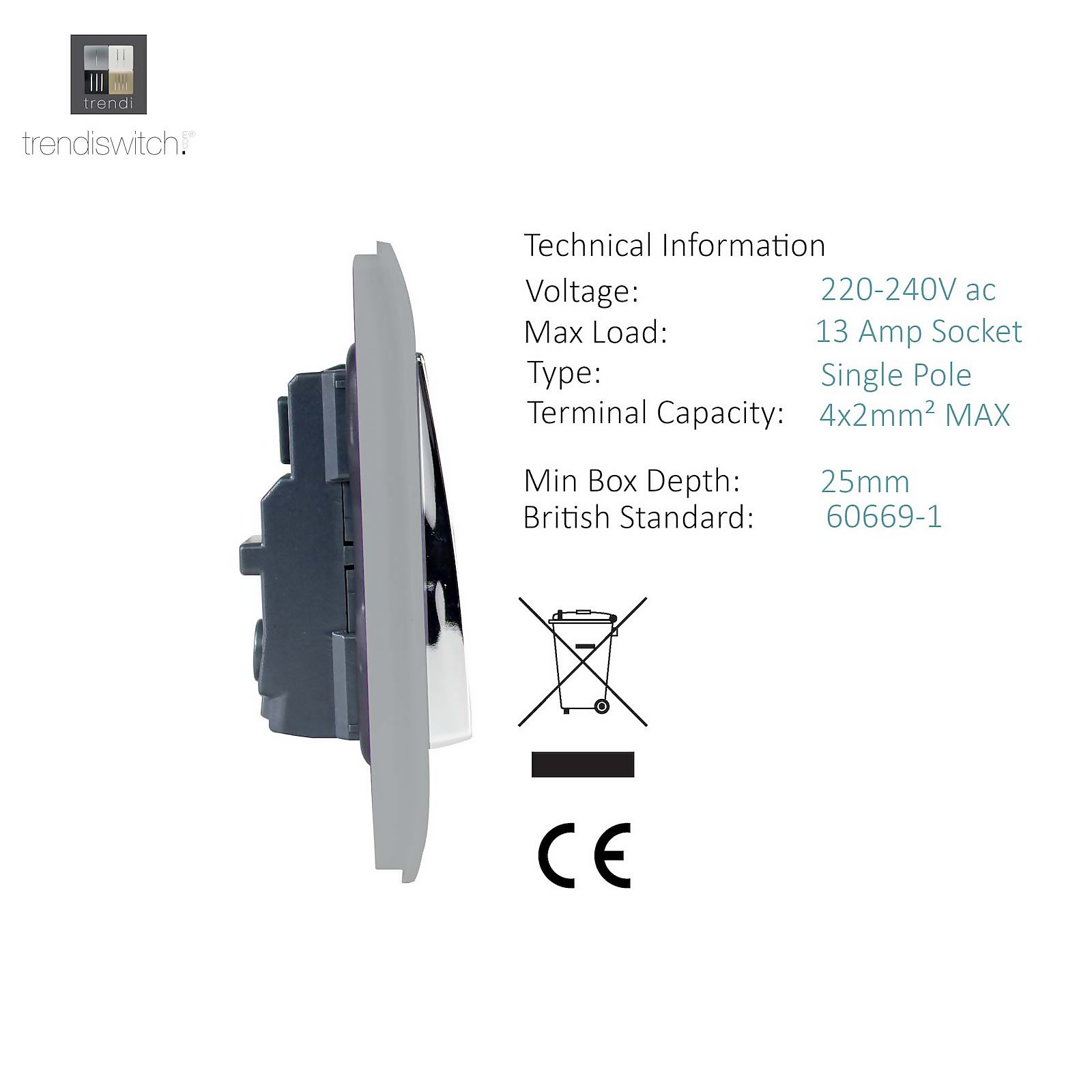 Trendi Switch 2 Gang 13amp Brushed Steel Long Switched Plug Socket - image 3