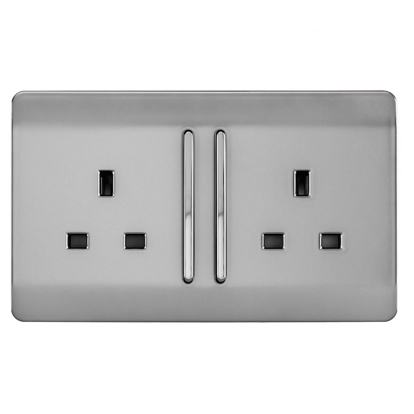 Stainless steel 2 gang 13A switched socket featuring a sleek, modern design with two square power outlets and a polished finish.