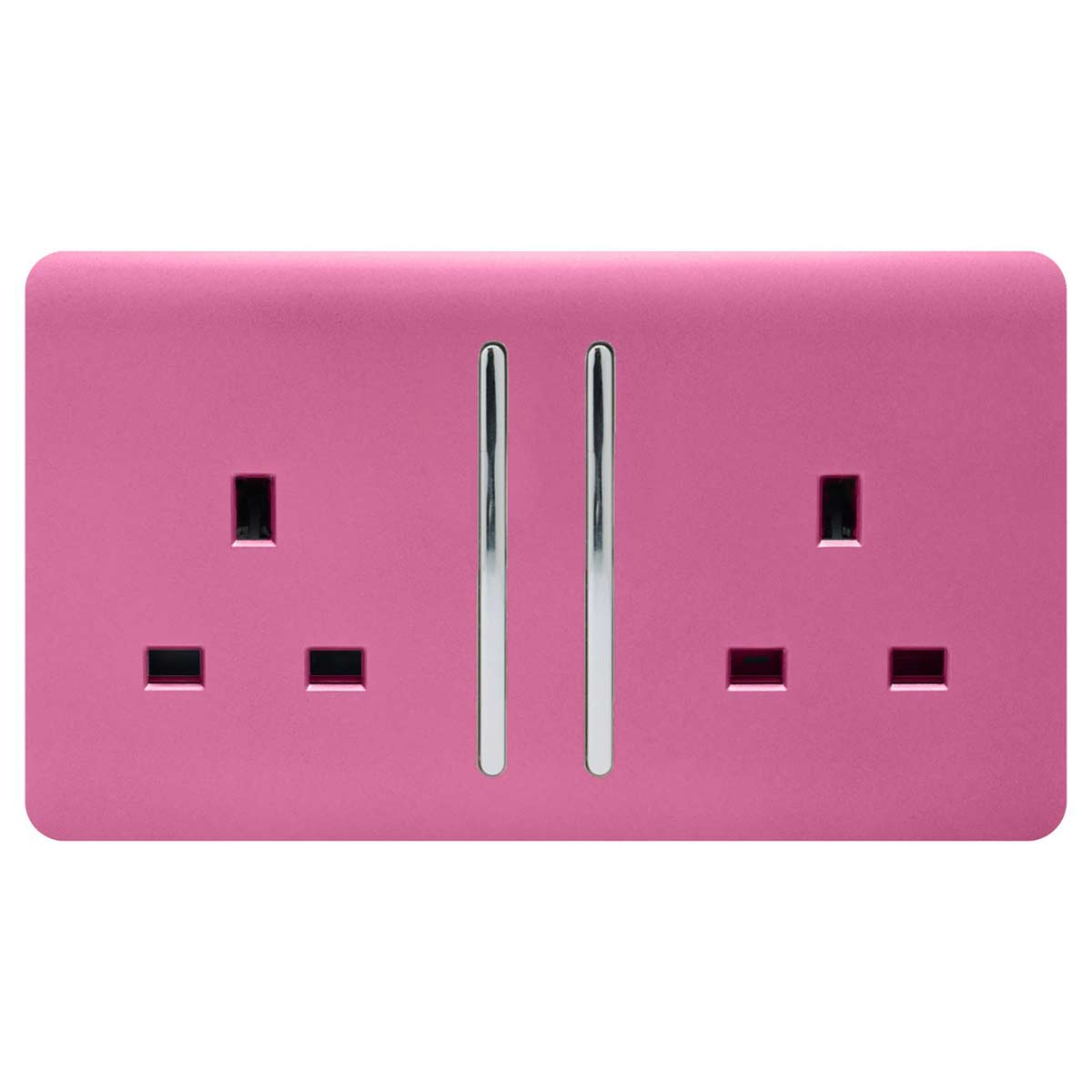 Pink 2 gang 13 amp switched socket with a smooth finish and chrome switches, featuring two rectangular outlets for electrical devices.