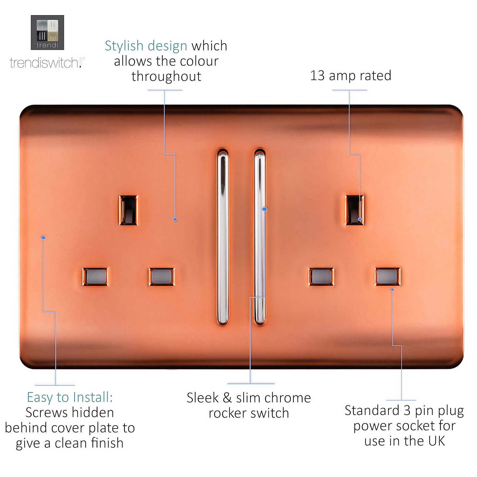 Trendi Switch 2 Gang 13amp Copper Long Switched Plug Socket - image 2