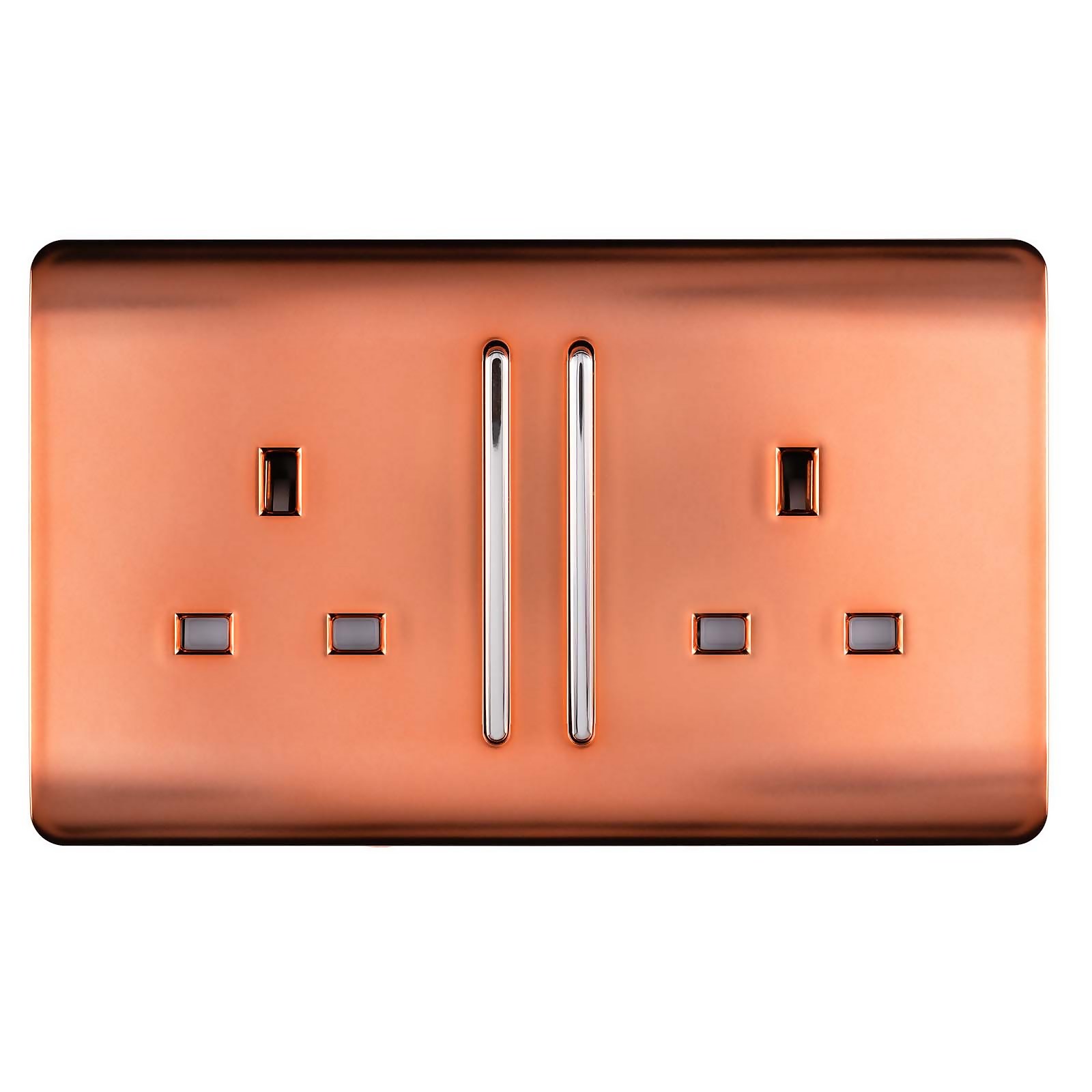 Copper-finished 2 gang 13A switched socket with sleek chrome switches and two rectangular power outlets, offering a modern and stylish design.