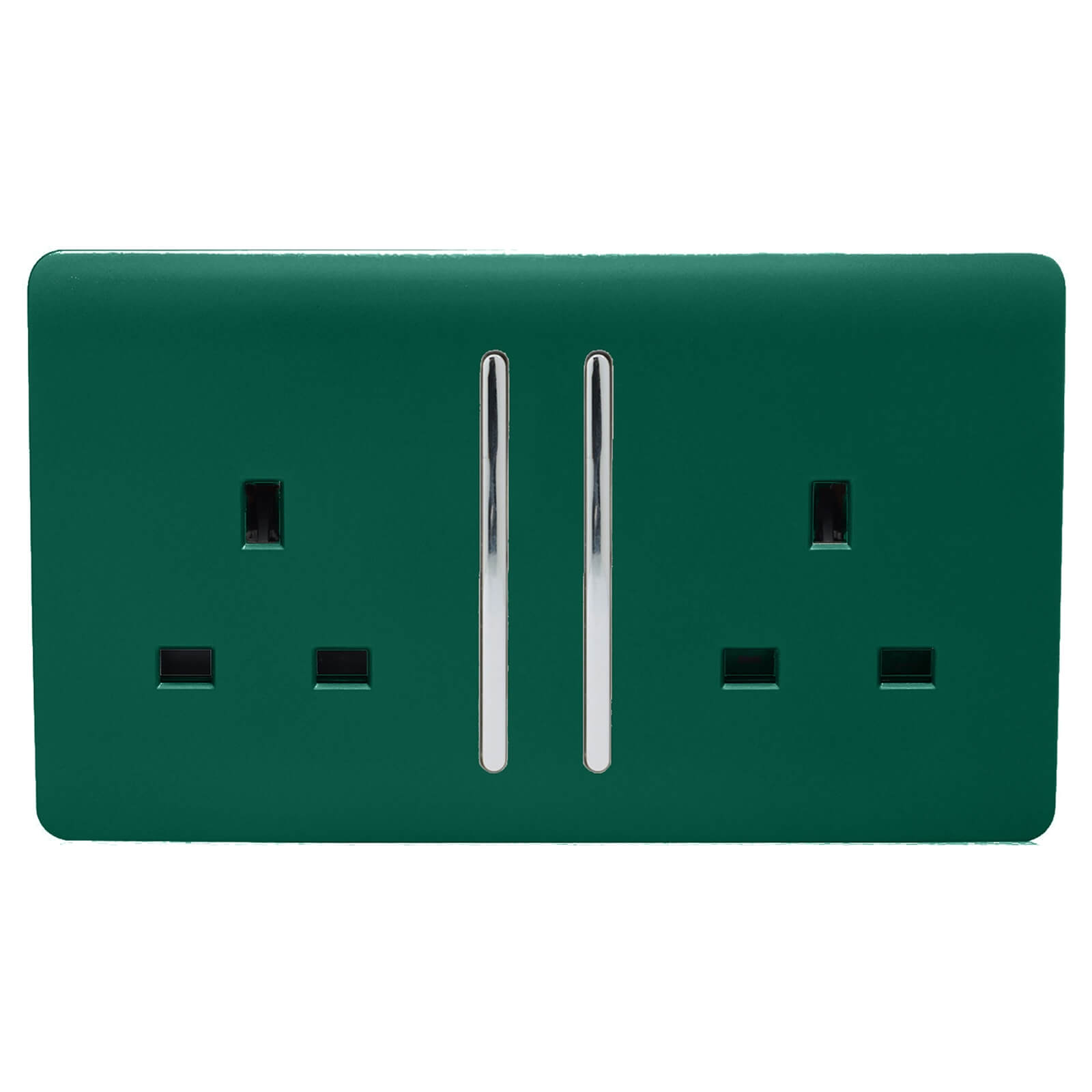 Dark green 2 gang 13 amp switched socket with a smooth finish and chrome switches, featuring two rectangular outlets for electrical connections.