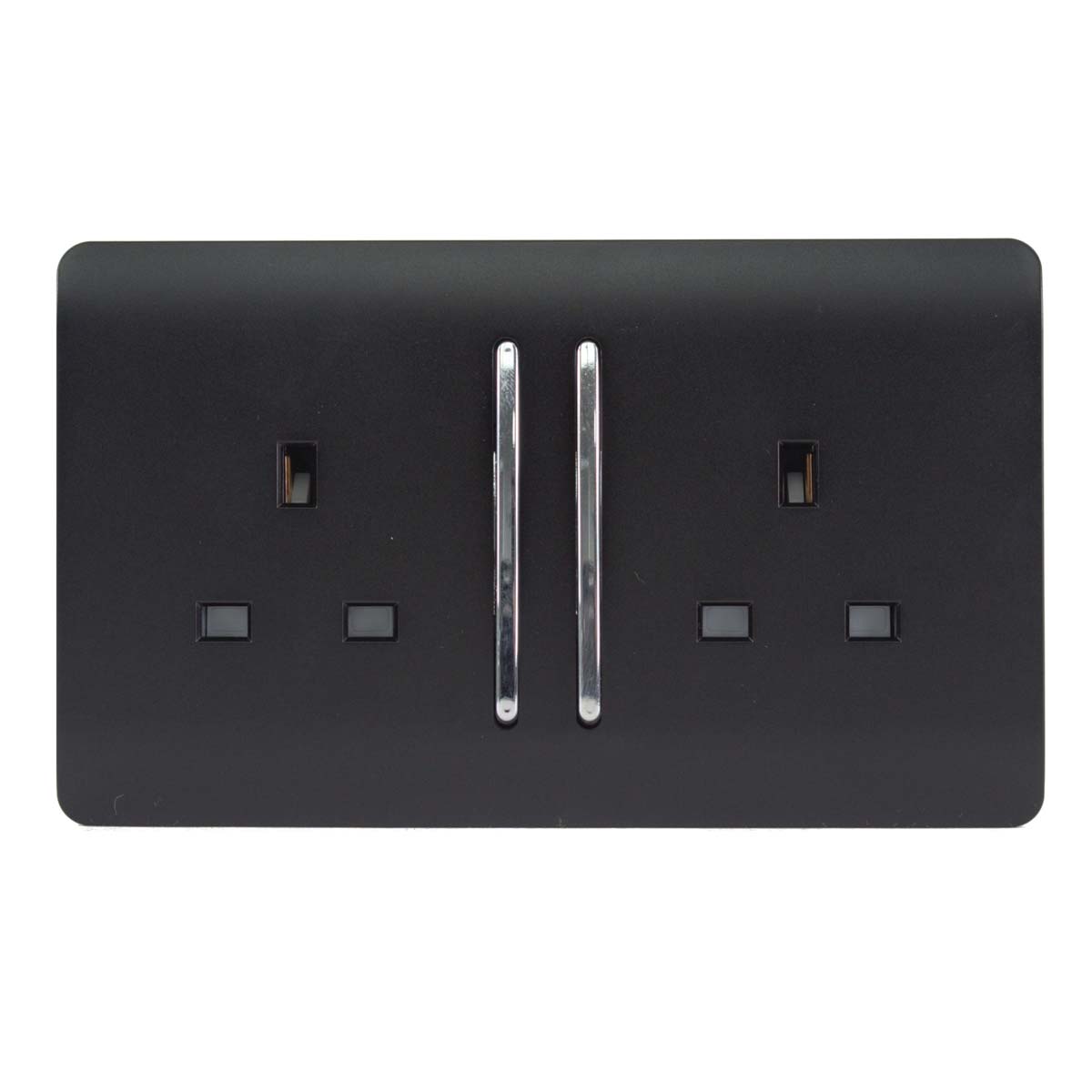 Matt black 2 gang 13A switched socket with sleek chrome switches and square black inserts, designed for a modern aesthetic.