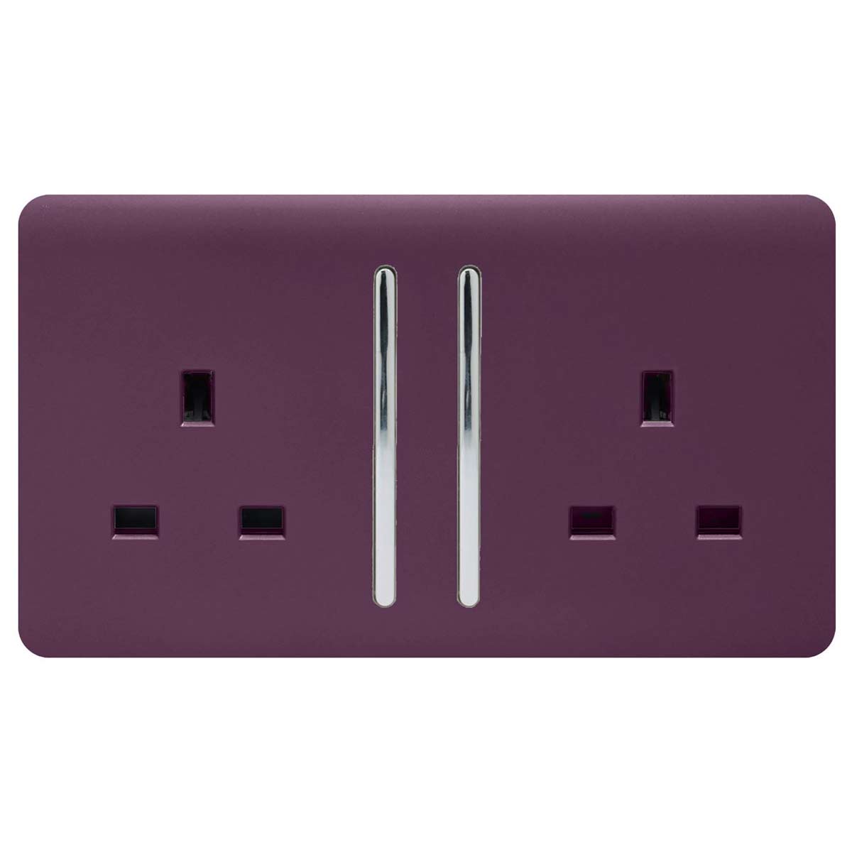 Plum-colored 2 gang 13 amp switched socket with sleek chrome switches and black socket outlets, designed by Trendi Switch for a modern look.
