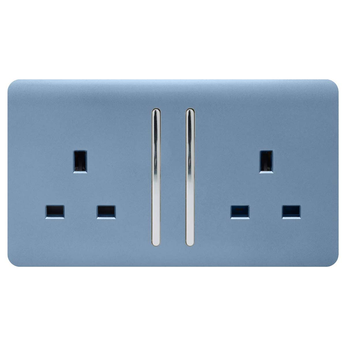 Glossy sky blue 2 gang switched tactile plug socket with sleek silver switches, featuring two UK plug outlets and a modern artistic design.
