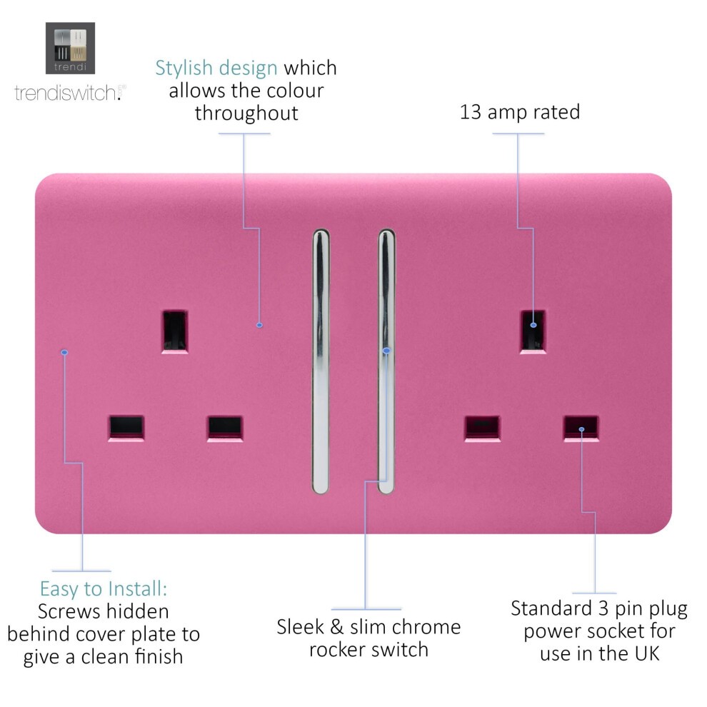 Trendi Switch 2 Gang Candy Pink Long Switched Plug Socket 3 Pack - image 2