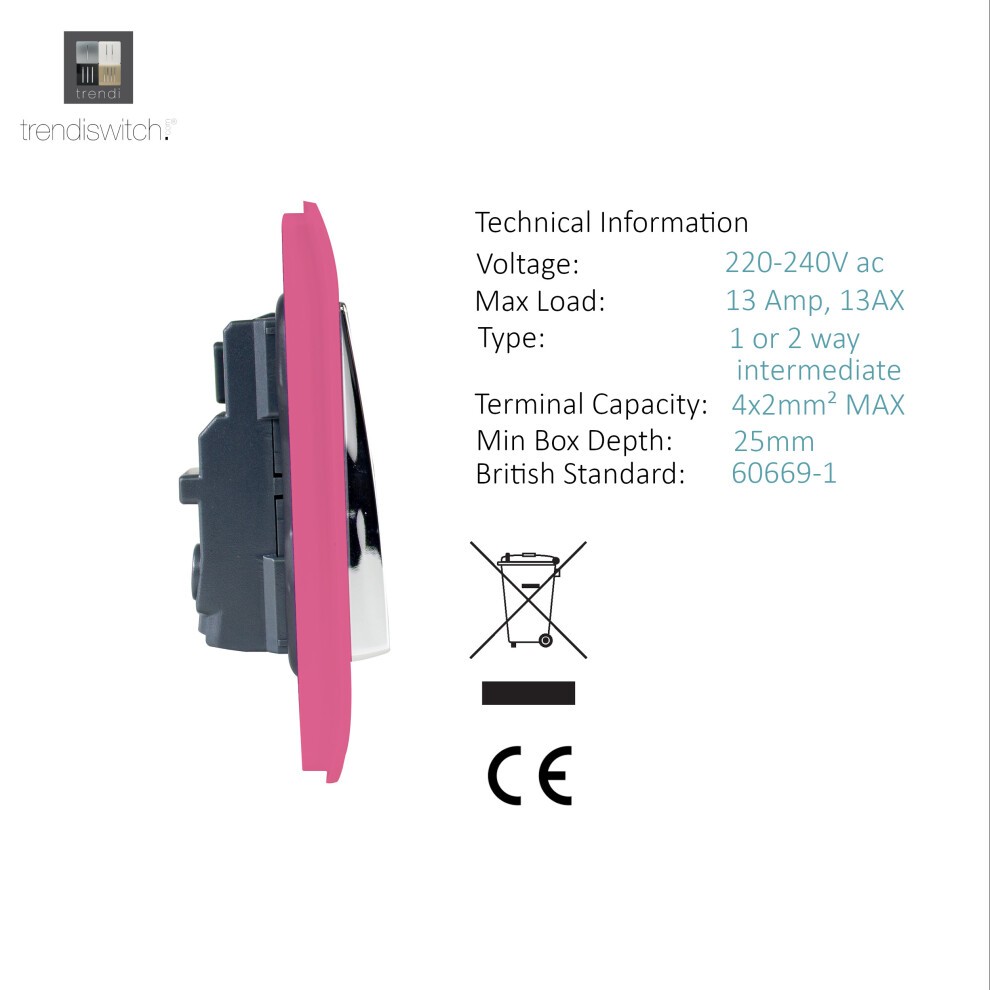 Trendi Switch 2 Gang Candy Pink Long Switched Plug Socket 3 Pack - image 3