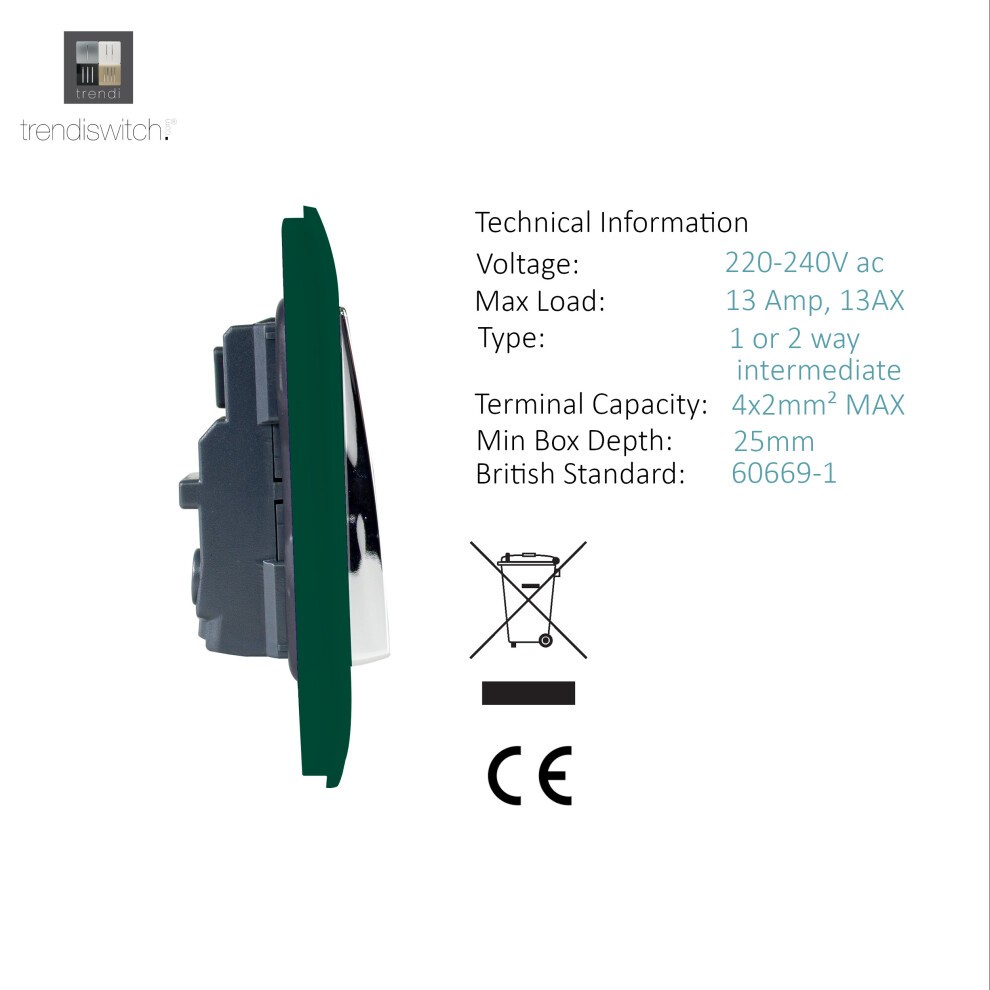 Trendi Switch 2 Gang Dark Forest Green Long Switched Plug Socket 3 Pack - image 3