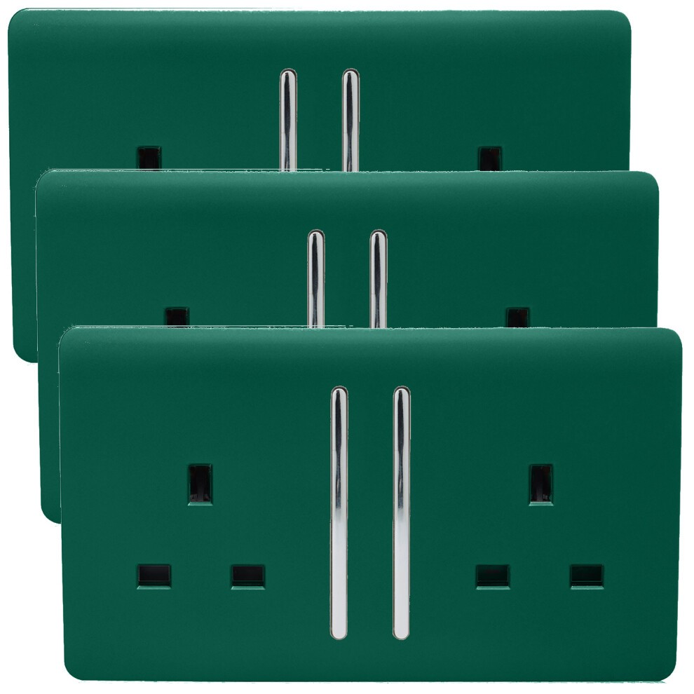 Three dark green glossy 13 Amp switched plug sockets with modern artistic design, featuring two vertical switches and two square outlets on each socket.