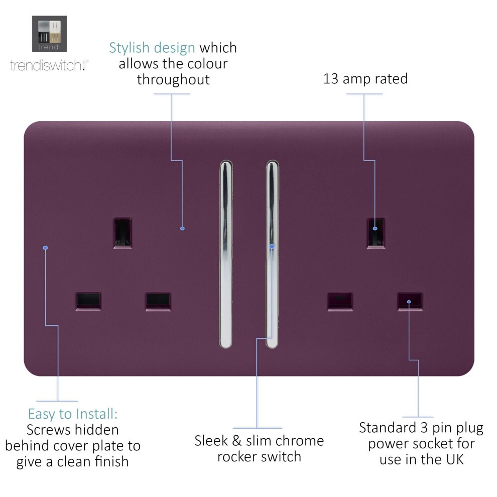 Trendi Switch 2 Gang Plum Purple Long Switched Plug Socket 3 Pack - image 2
