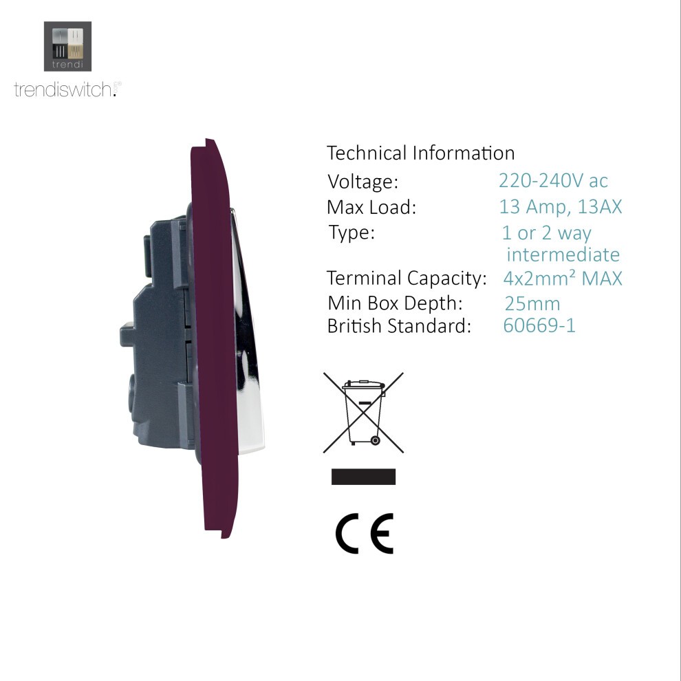 Trendi Switch 2 Gang Plum Purple Long Switched Plug Socket 3 Pack - image 3