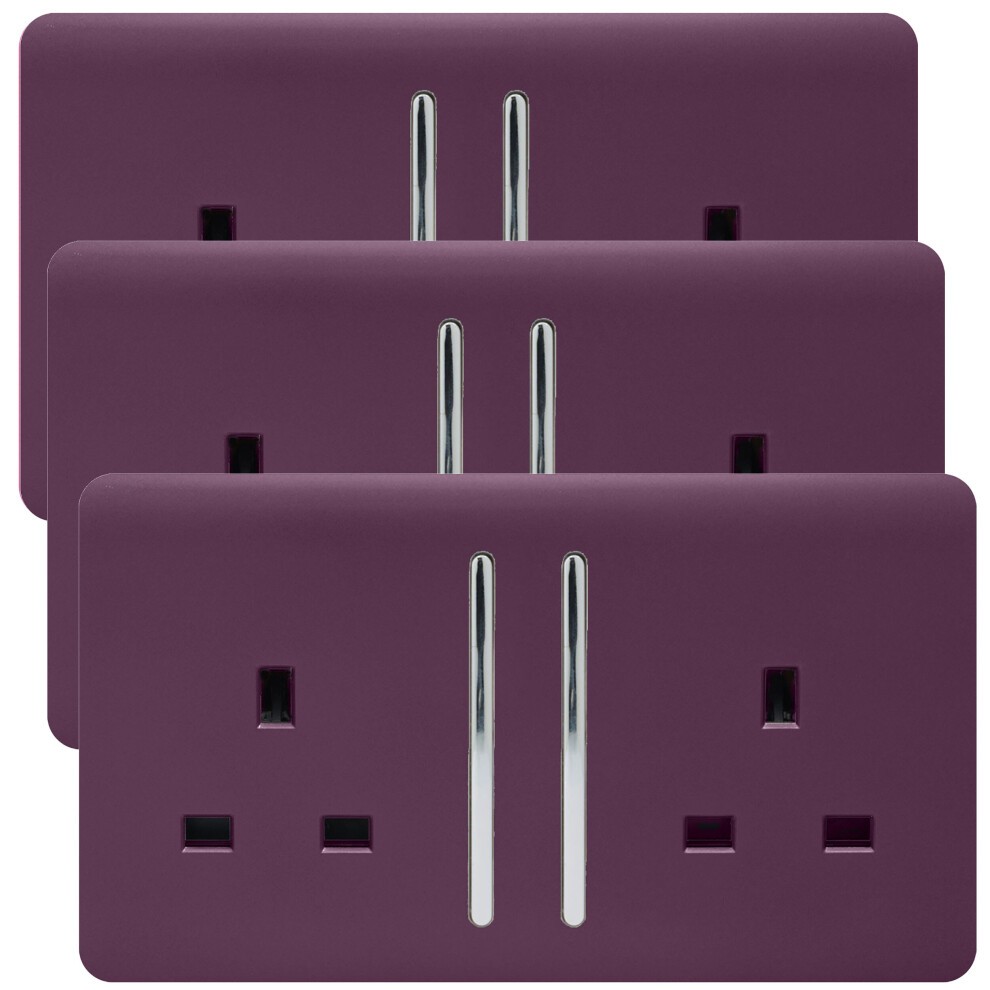 Three glossy plum 13 Amp switched plug sockets with a modern design, featuring two gang switches and sleek chrome accents.