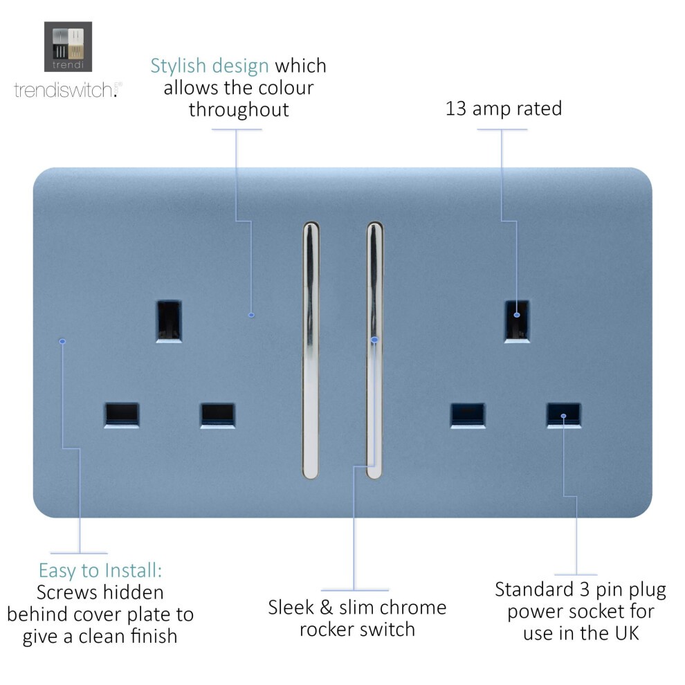 Trendi Switch 2 Gang Sky Blue Long Switched Plug Socket 3 Pack - image 2
