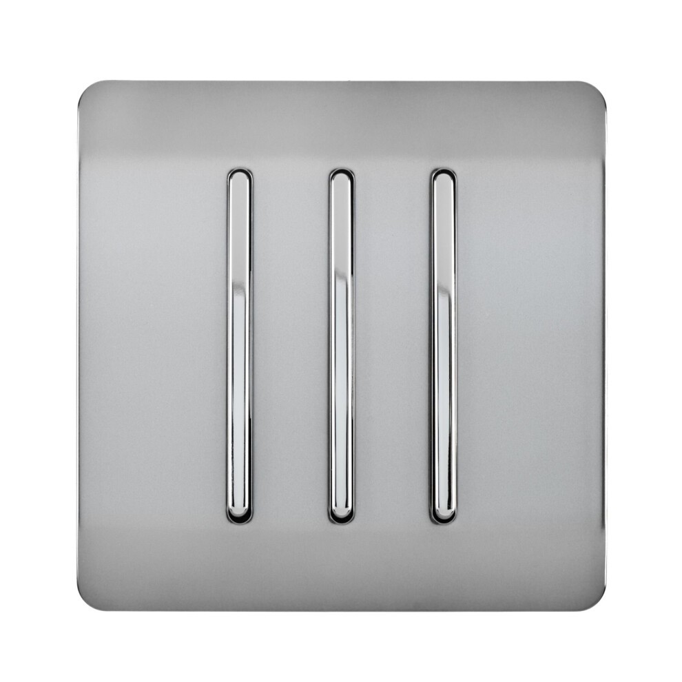 Glossy stainless steel light switch with three tactile rocker switches, featuring a modern artistic design and a sleek, minimalist appearance.
