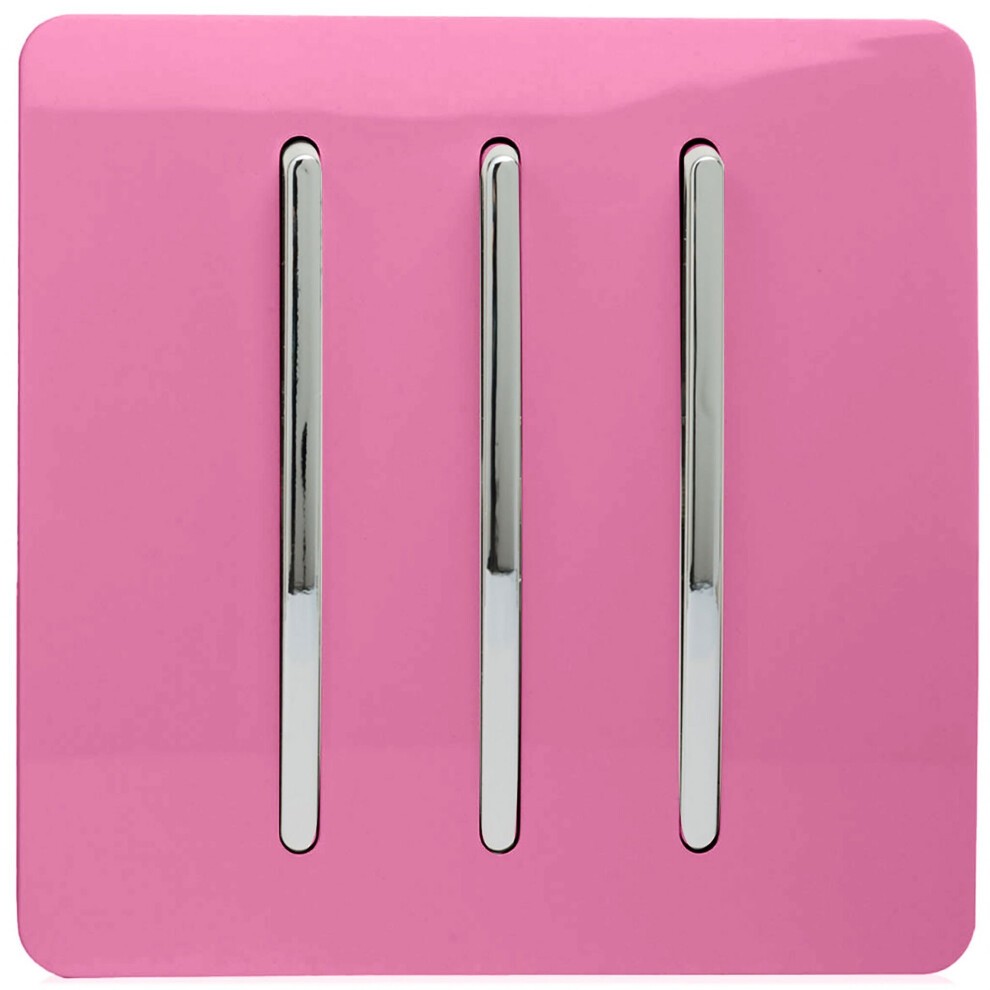 Glossy pink 3-gang rocker light switch featuring three tactile chrome levers, designed for modern aesthetics and functionality.