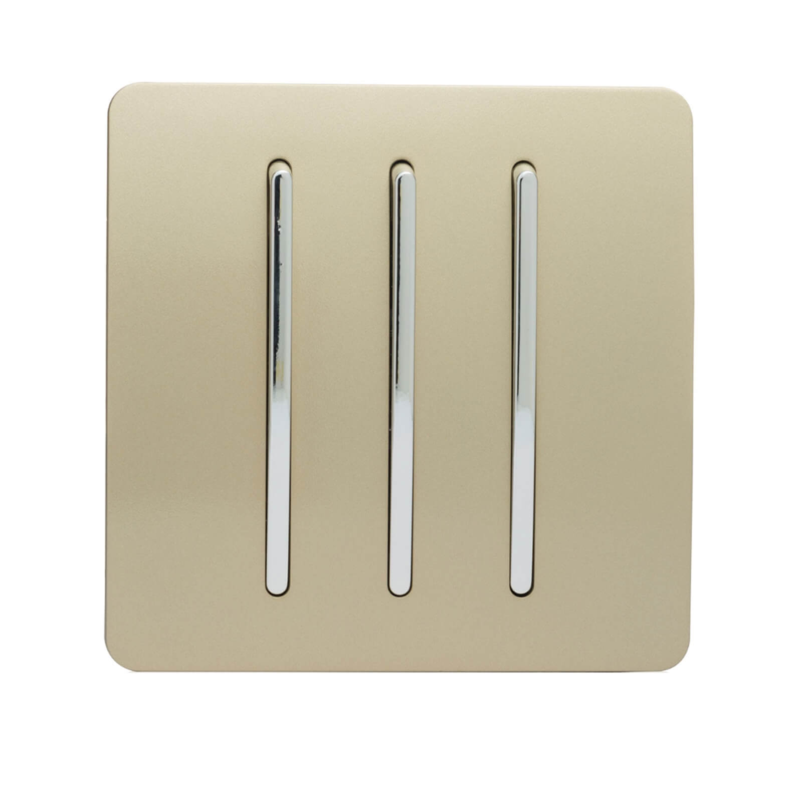 Champagne gold glossy 3-gang light switch with sleek chrome toggles, designed for modern interiors, featuring a smooth finish and contemporary style.