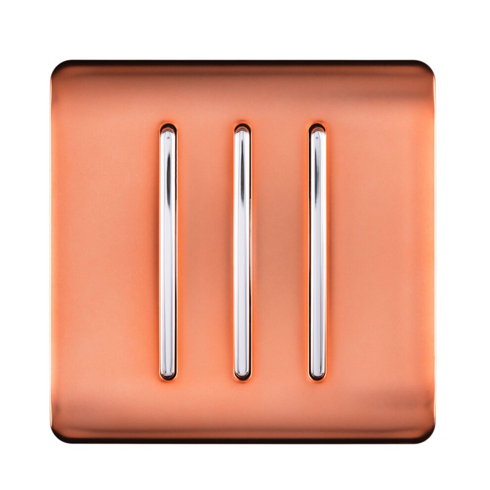 Glossy copper 3-gang tactile light switch featuring three sleek silver rocker switches, designed for modern interiors with a stylish and artistic flair.