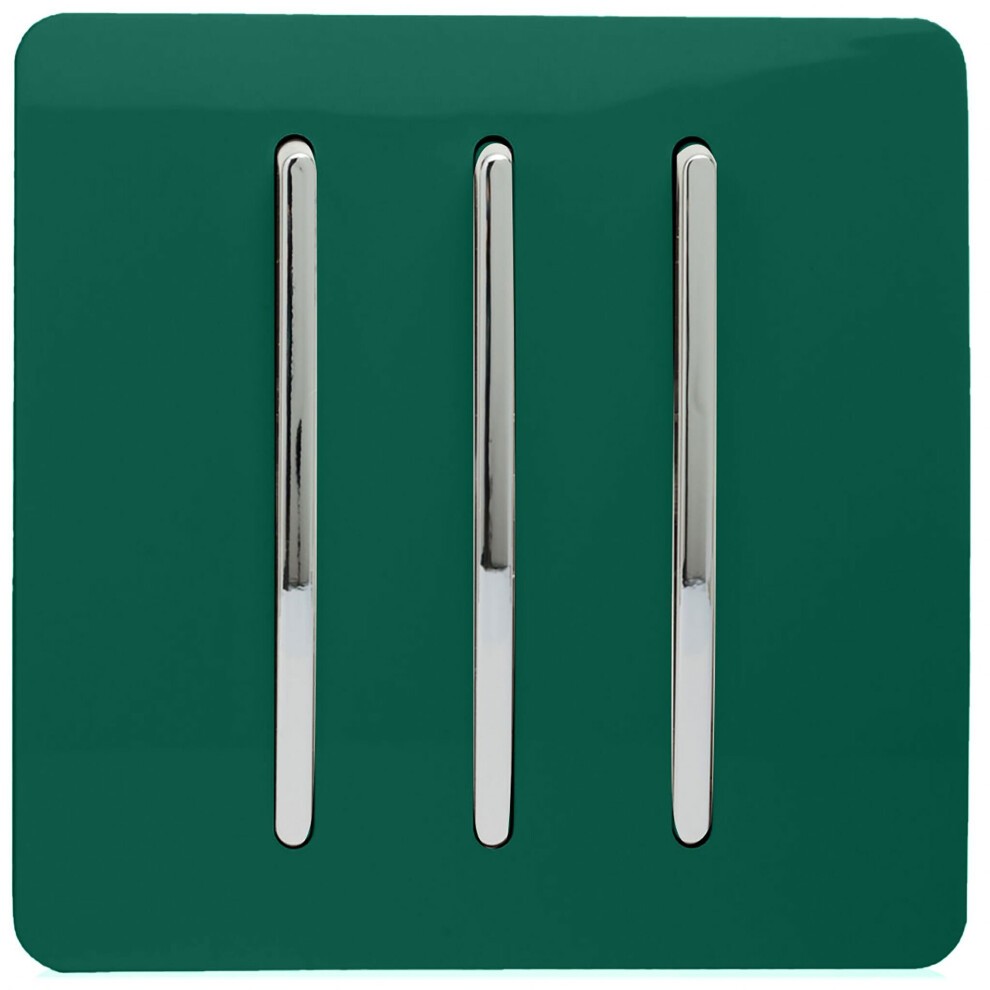Dark green glossy 3-gang tactile light switch with three chrome rocker switches, designed for modern aesthetics and functionality.
