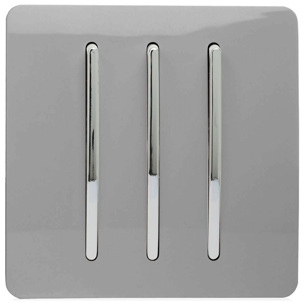 Light grey glossy 3-gang tactile rocker light switch with three chrome levers, designed for modern interiors, featuring a sleek and artistic finish.