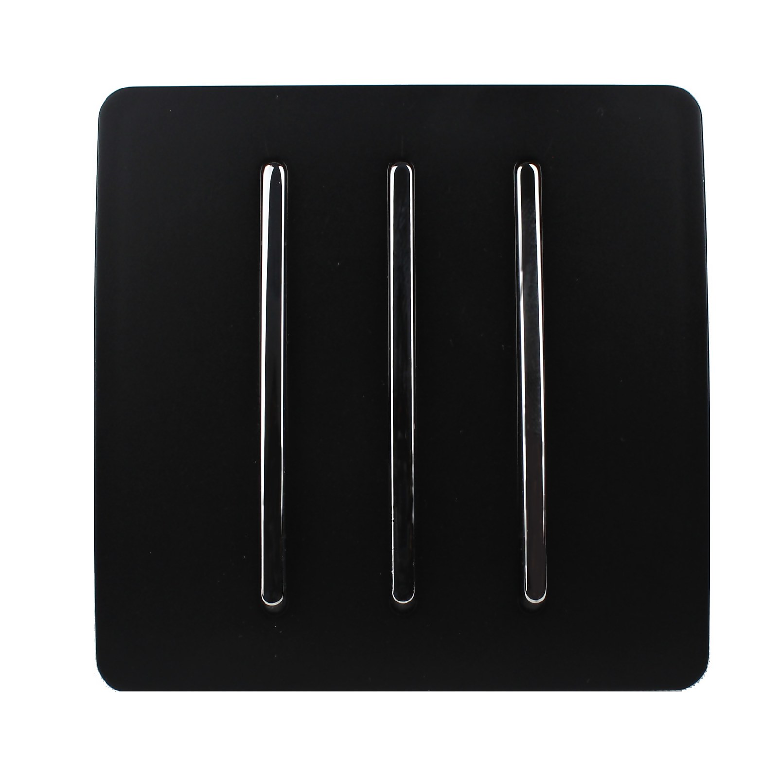 Modern 3-gang rocker light switch in matte black finish with three sleek chrome toggle levers, designed for 10 Amp usage, showcasing a contemporary aesthetic.