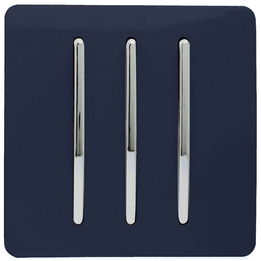 Navy glossy 3-gang tactile light switch with three sleek chrome rocker switches, designed for modern interiors.
