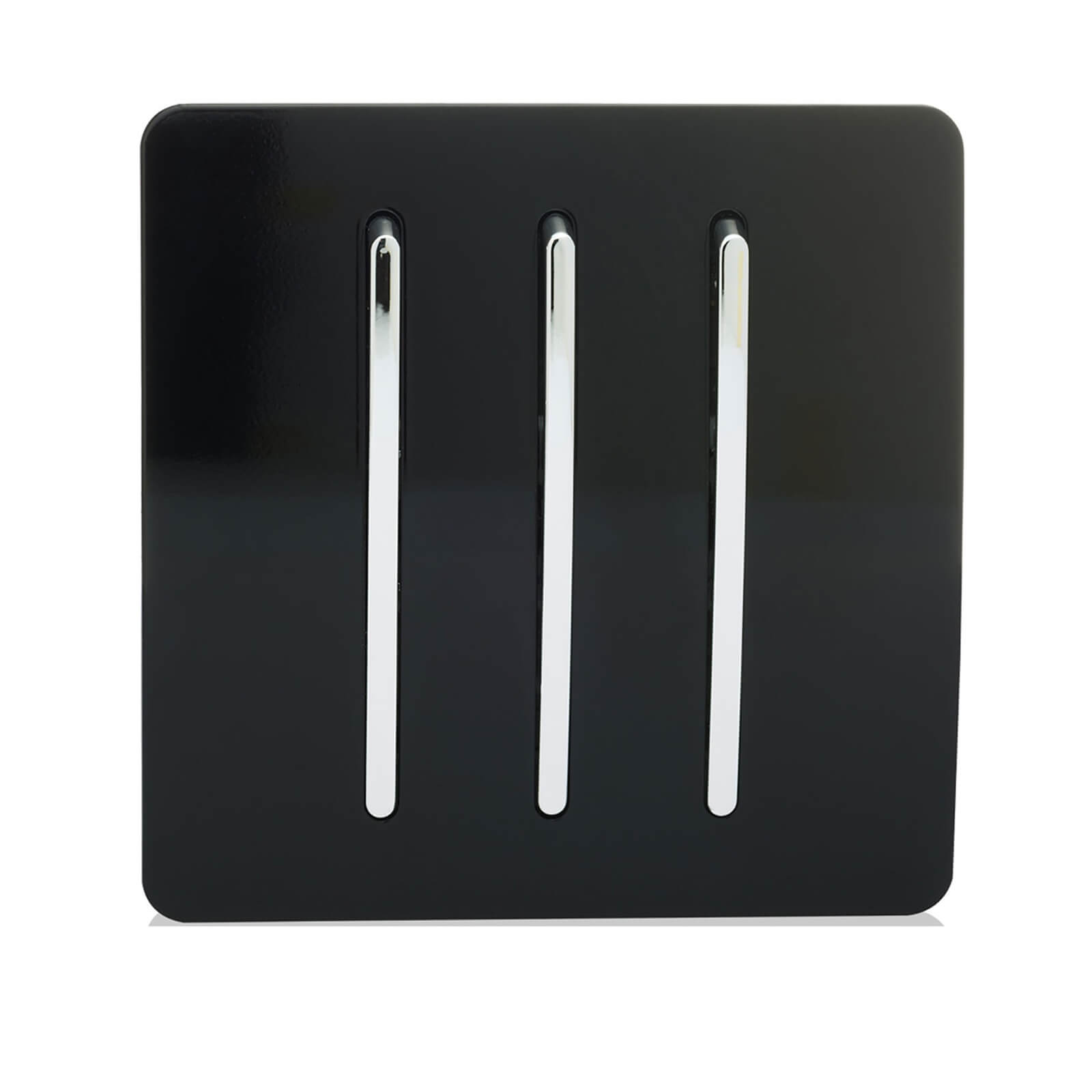 Glossy piano black 3-gang tactile light switch with three sleek chrome rocker switches, designed for modern aesthetics and functionality.