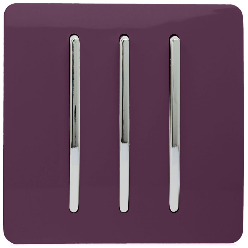 Glossy plum light switch with three tactile rocker switches and sleek chrome accents, designed for modern interiors, rated at 10 amps.