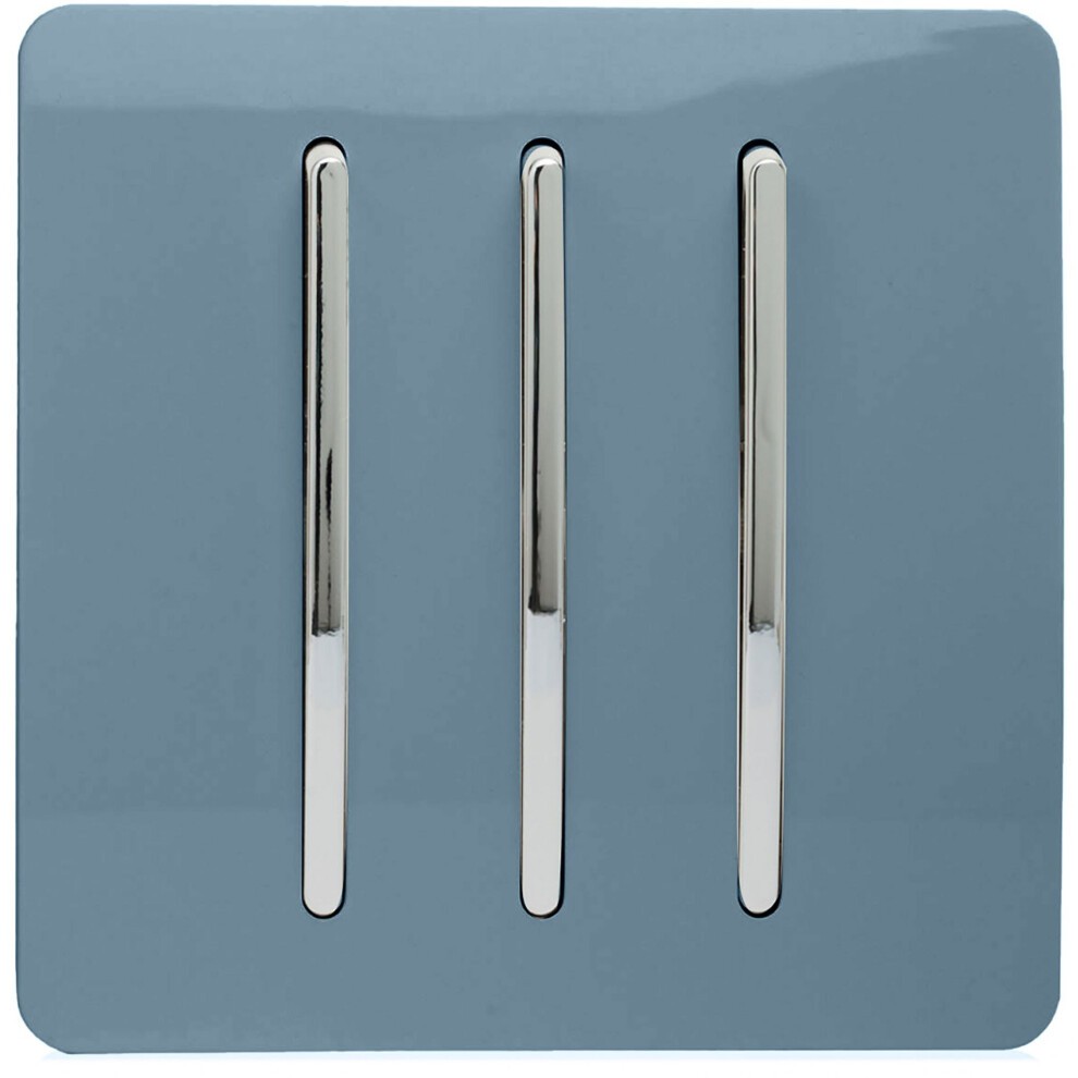 Glossy sky-blue 3-gang tactile light switch with three sleek chrome rocker switches, designed for modern interiors, featuring a smooth finish and contemporary style.