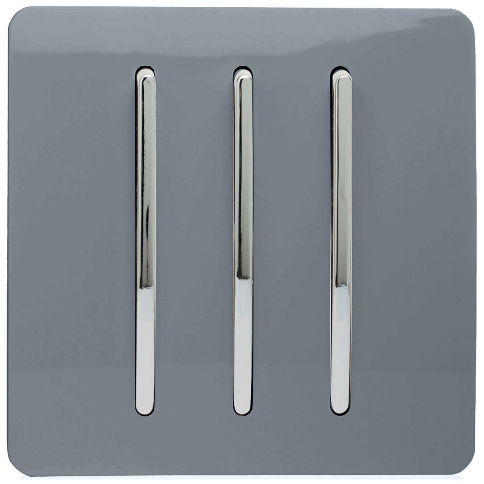 Modern glossy light switch in warm grey with three tactile rocker switches and sleek chrome levers, designed for a stylish and contemporary look.