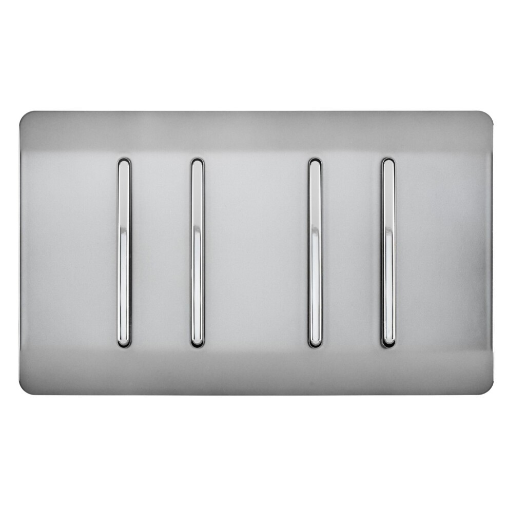 Glossy stainless steel double plate tactile light switch featuring four sleek rocker switches, designed for modern interiors with a contemporary aesthetic.