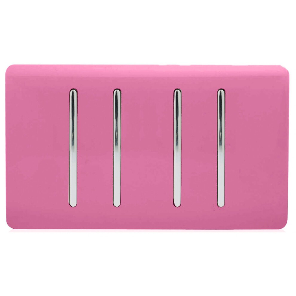 Glossy pink 4-gang rocker double plate tactile light switch with sleek chrome toggles, designed for modern interiors by Trendi Switch.