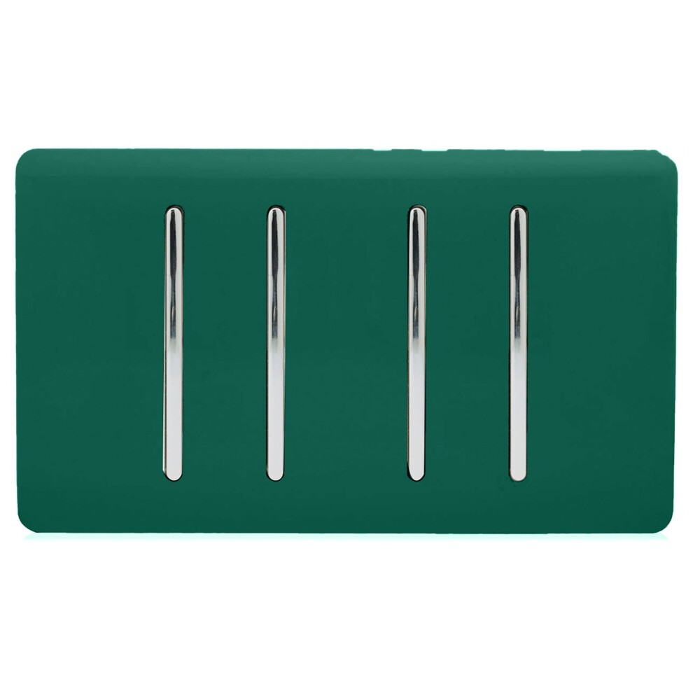 Dark green glossy 4-gang tactile light switch with four sleek chrome rocker switches, designed for modern interiors by Trendi Switch.