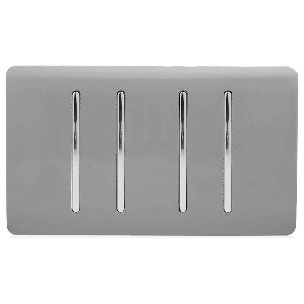 Glossy light grey 4 gang 2 way rocker double plate tactile light switch featuring four sleek, elongated silver toggles for easy operation.