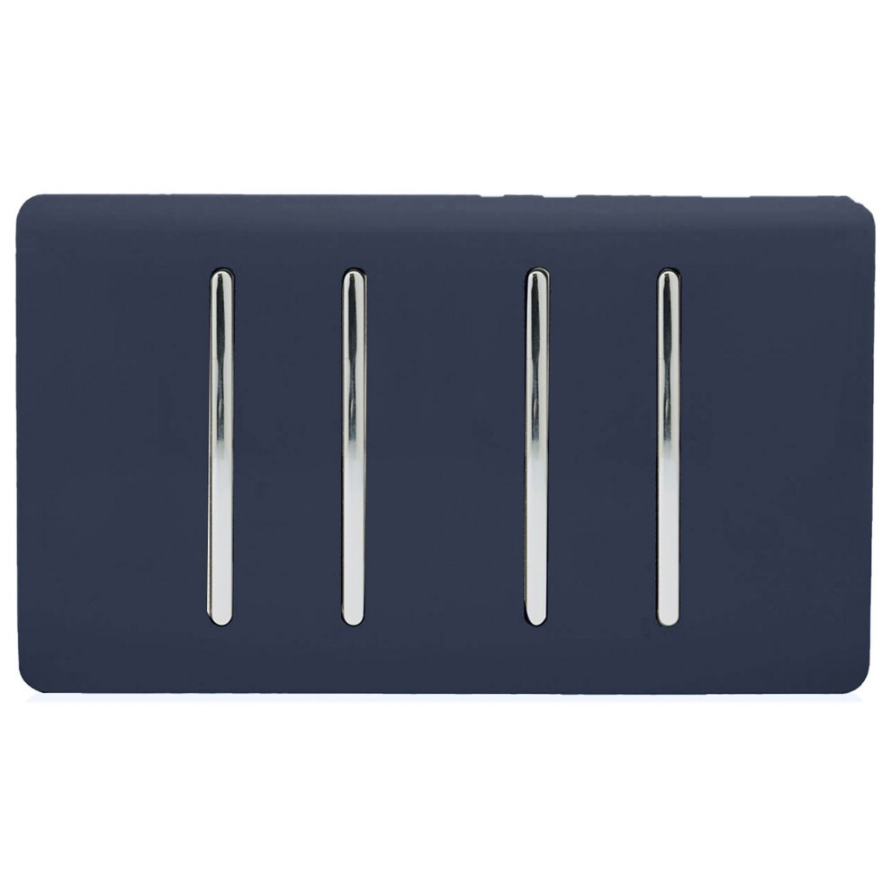 Navy glossy 4 gang 2 way rocker double plate tactile light switch featuring four sleek chrome toggles, designed for modern interiors by Trendi Switch.