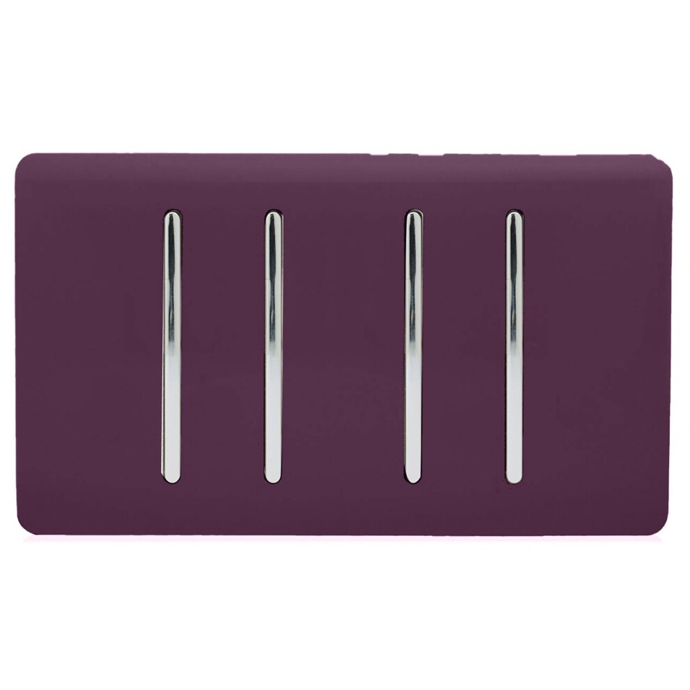 Glossy plum-colored 4 gang 2 way rocker double plate tactile light switch featuring four sleek metallic toggle levers for easy operation.