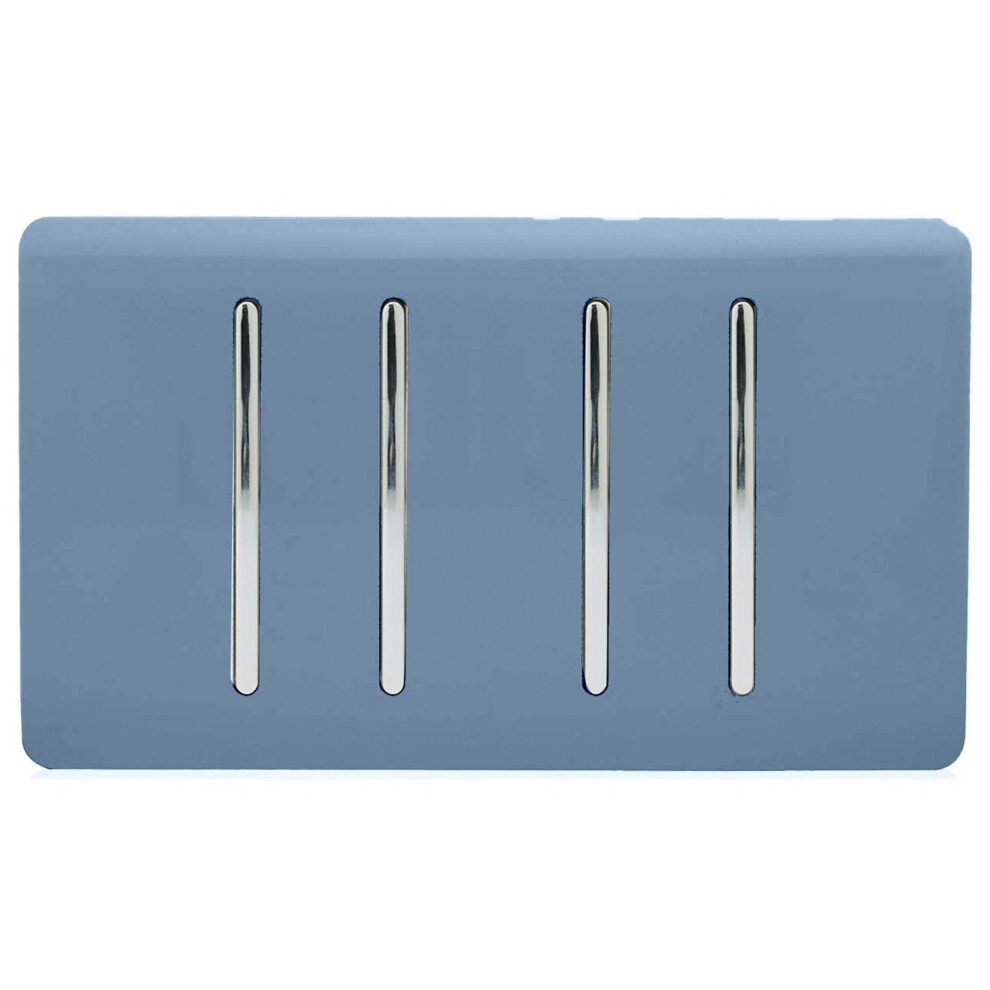 Glossy sky-blue 4-gang tactile light switch with sleek chrome rocker switches, designed for modern interiors and featuring a double plate for easy operation.