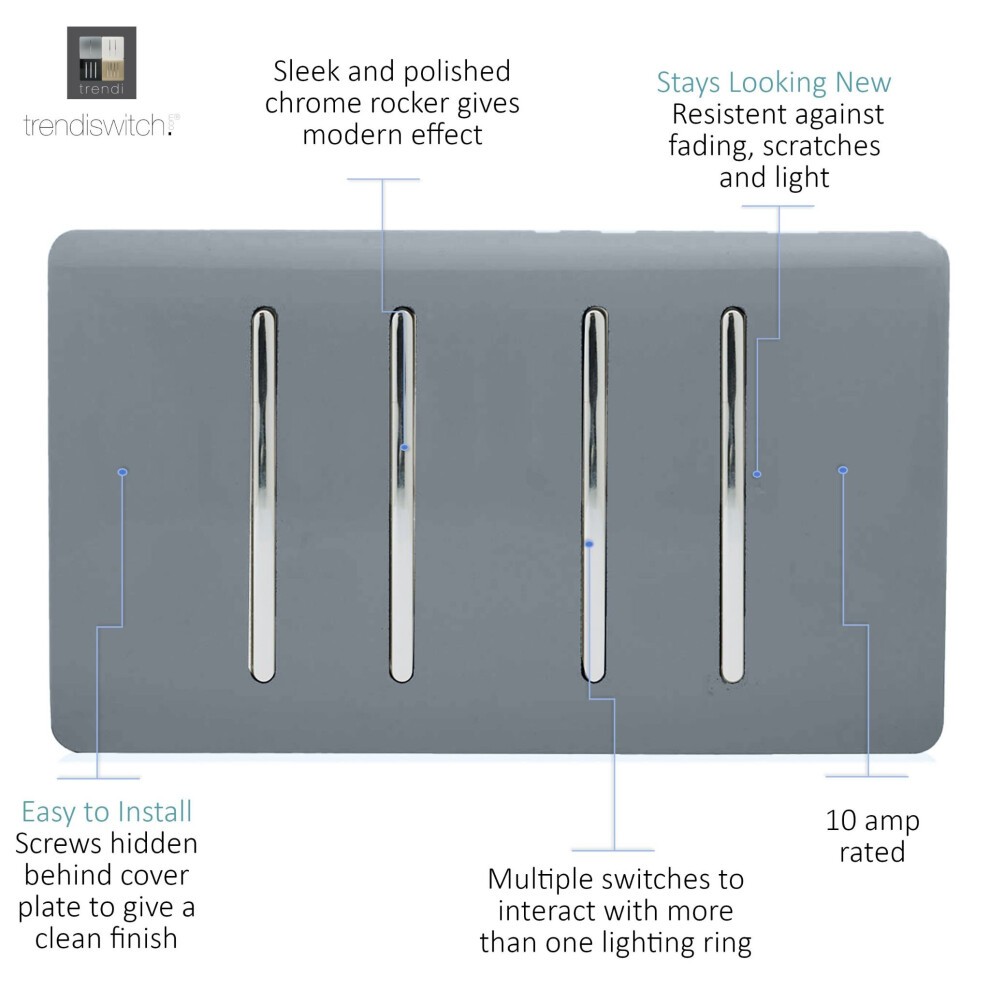 Trendi Switch 4 Gang 10amp 1 or 2 Way Warm Grey Light Switch - image 5