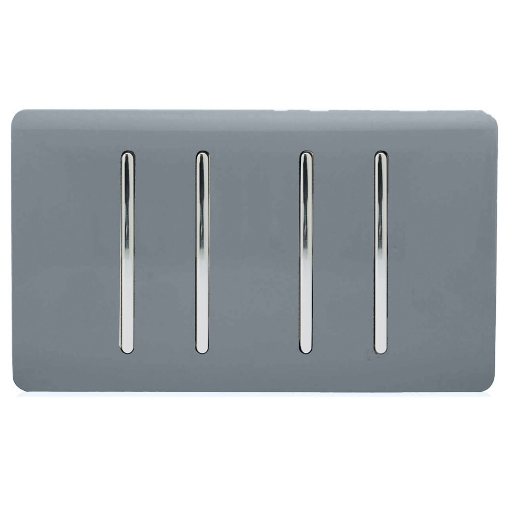 Glossy warm grey 4 gang 2 way rocker double plate tactile light switch with sleek metallic toggles, designed for a modern aesthetic by Trendi Switch.