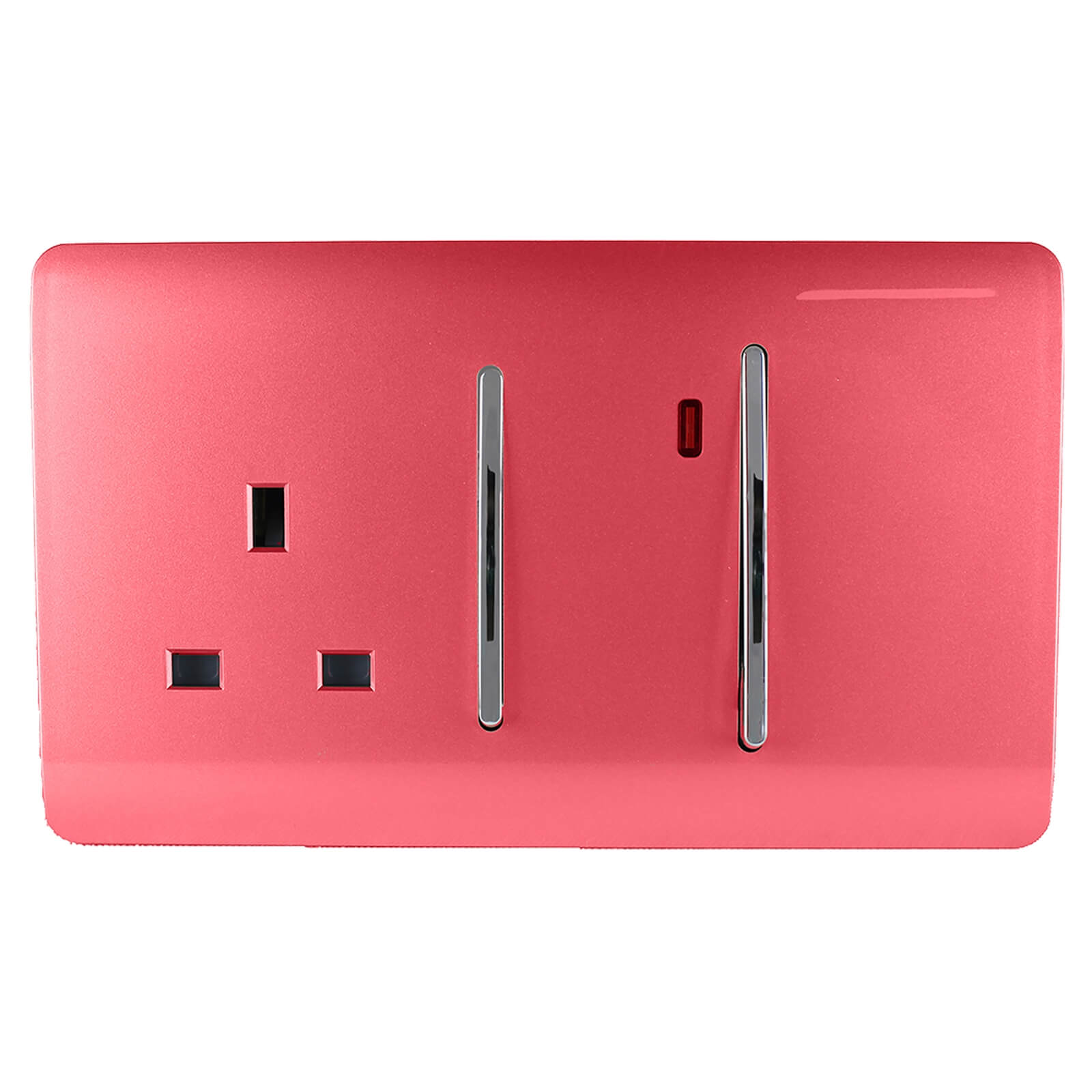 Bright strawberry-red cooker switch and plug socket with a sleek metallic finish, featuring two vertical switches and a neon indicator light.